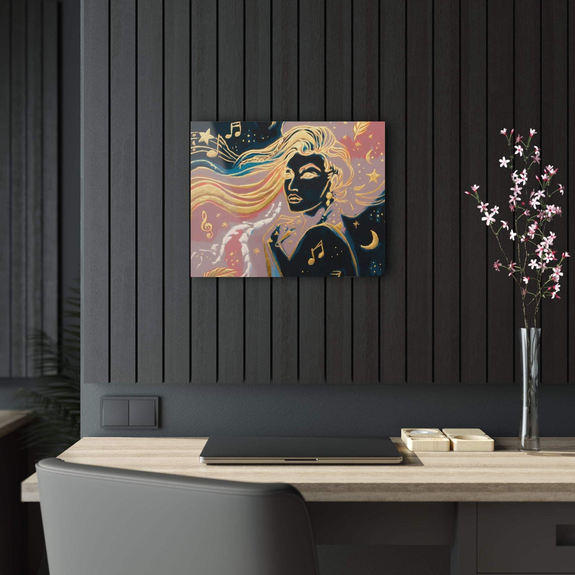 Abstract painting of a woman with golden hair, musical notes, and celestial elements; modern wall decor.