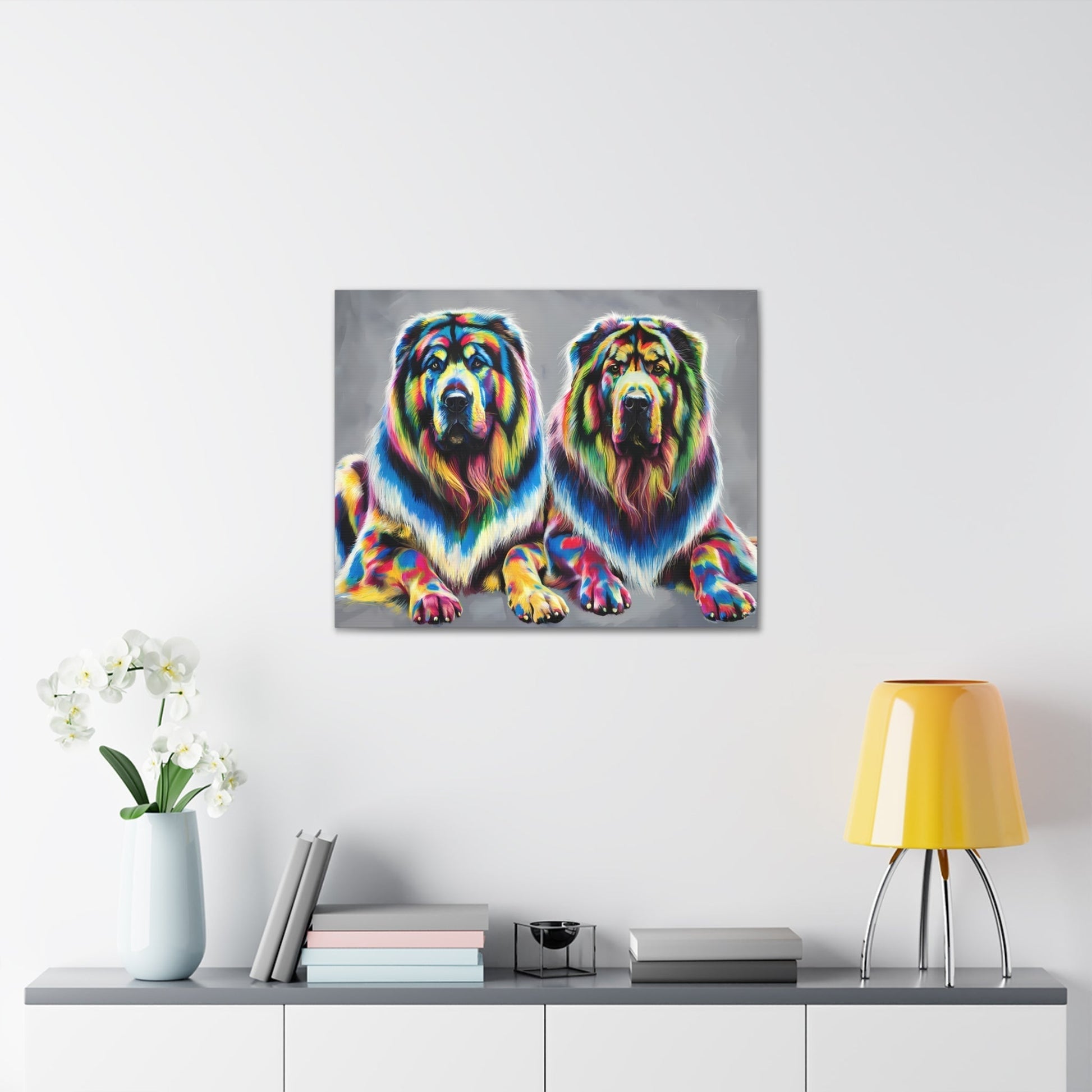 Vibrant rainbow Tibetan Mastiff canvas wall art with colorful dog portraits.