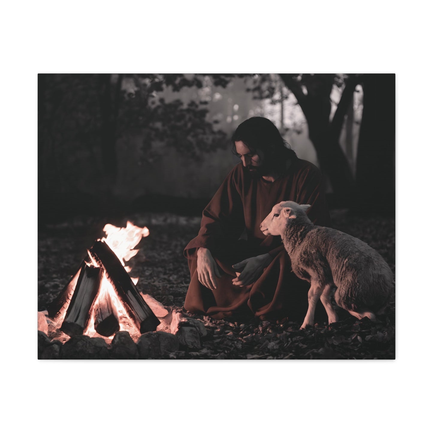 Jesus Painting with Lamb and Sacred Flame, Limited Edition Christian Wall Art Decor, Canvas Gallery Wraps.