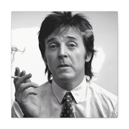 Black and white Paul McCartney portrait with cigarette smoke, 1960s inspired wall art.