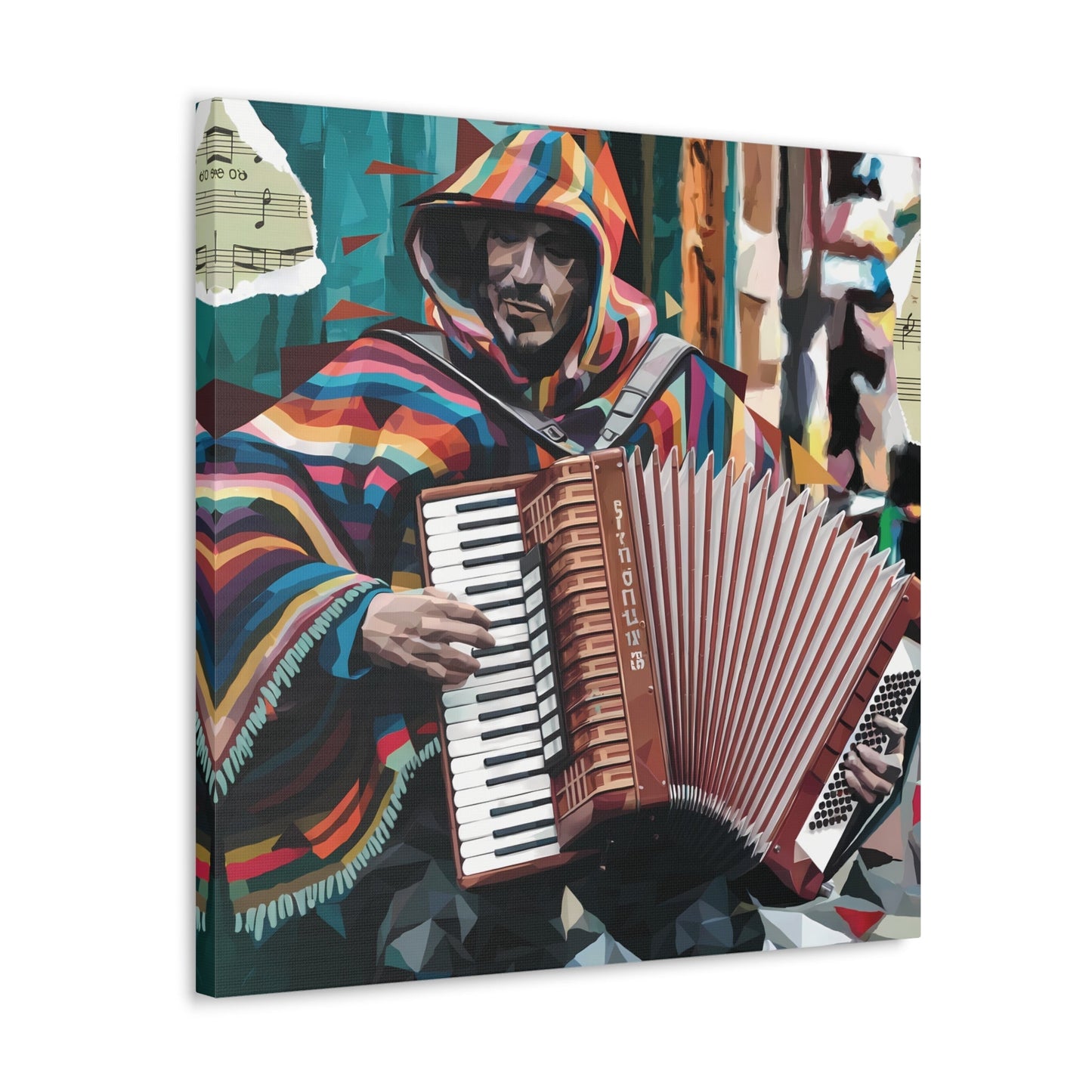 Vibrant accordion art of musical street performer on canvas gallery wrap.