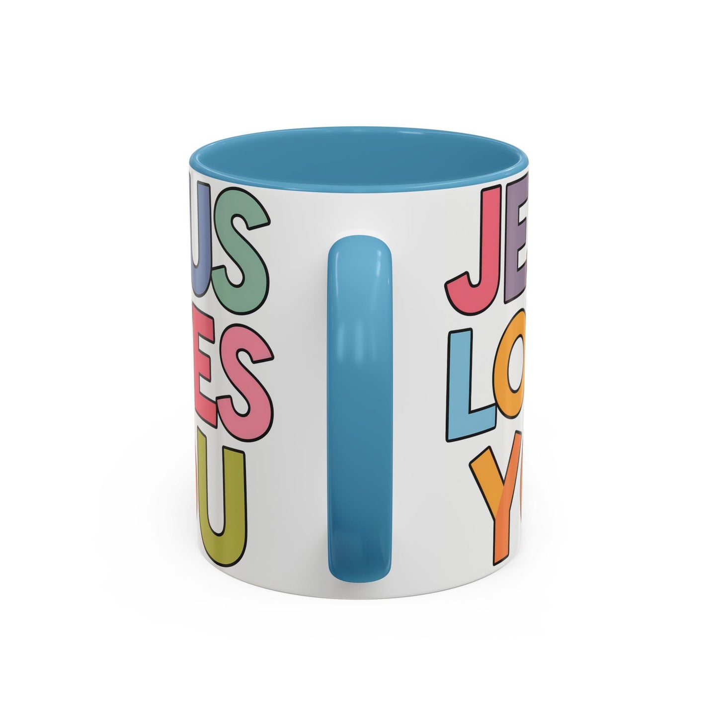 Inspirational "Jesus Loves You" Christian coffee mug with vibrant color design, available in 11oz and 15oz sizes.