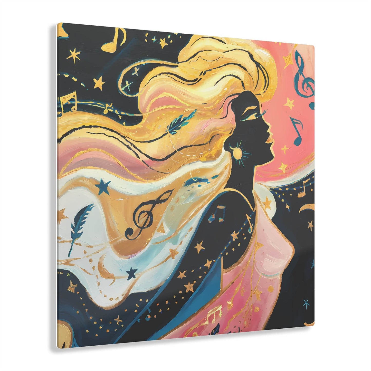 Serene woman with golden hair art, celestial stars, and music wall decor, acrylic print.