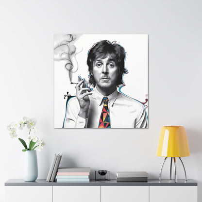 Paul McCartney surrealist portrait with cigarette and geometric tie, canvas gallery wrap wall art.