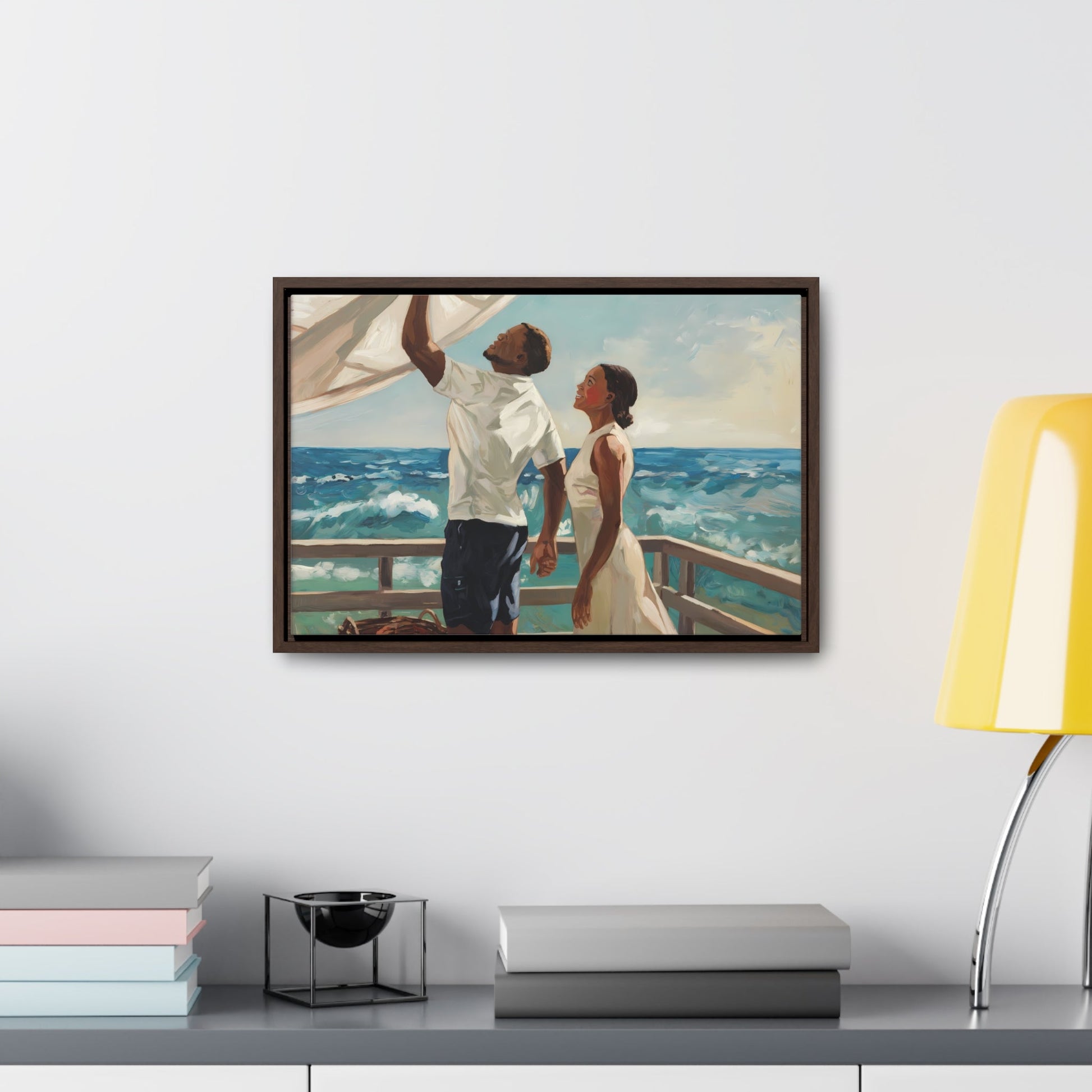 African American couple painting featuring a serene coastal scene on canvas wrap, perfect for coastal living decor.