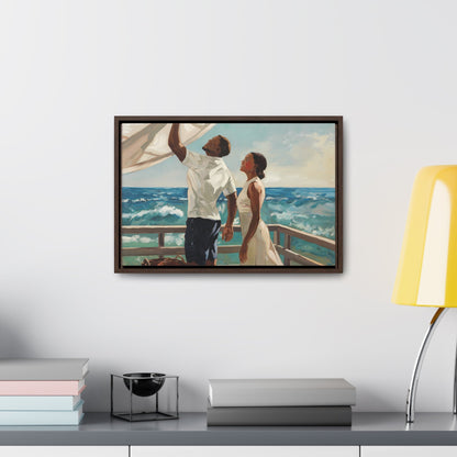 African American couple painting featuring a serene coastal scene on canvas wrap, perfect for coastal living decor.