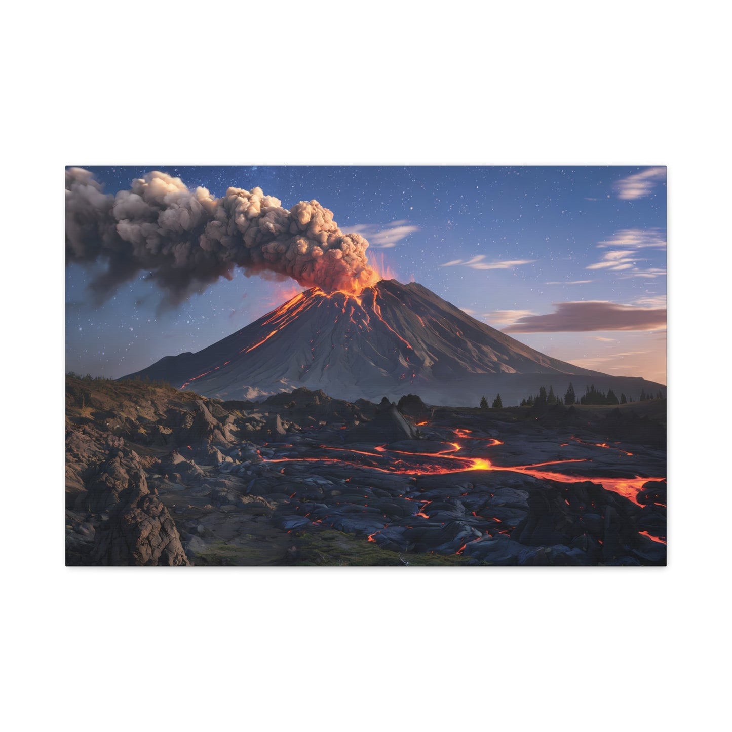 Dramatic volcano landscape canvas with glowing lava flows, ash plume, and starry night sky.