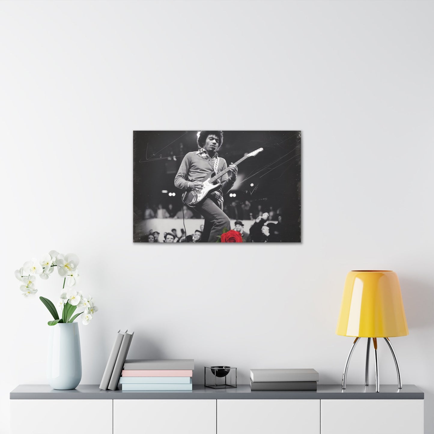 Jimi Hendrix Vintage PerformanceTimeless Passion: Jimi Hendrix Vintage Performance | Canvas Gallery WrCanvasJimi Hendrix Vintage Performance | Canvas Gallery Wrap | Iconic Rock Wall Art
Jimi Hendrix Vintage Photo Art - Black and White with Red Rose Accent
 Experience the r