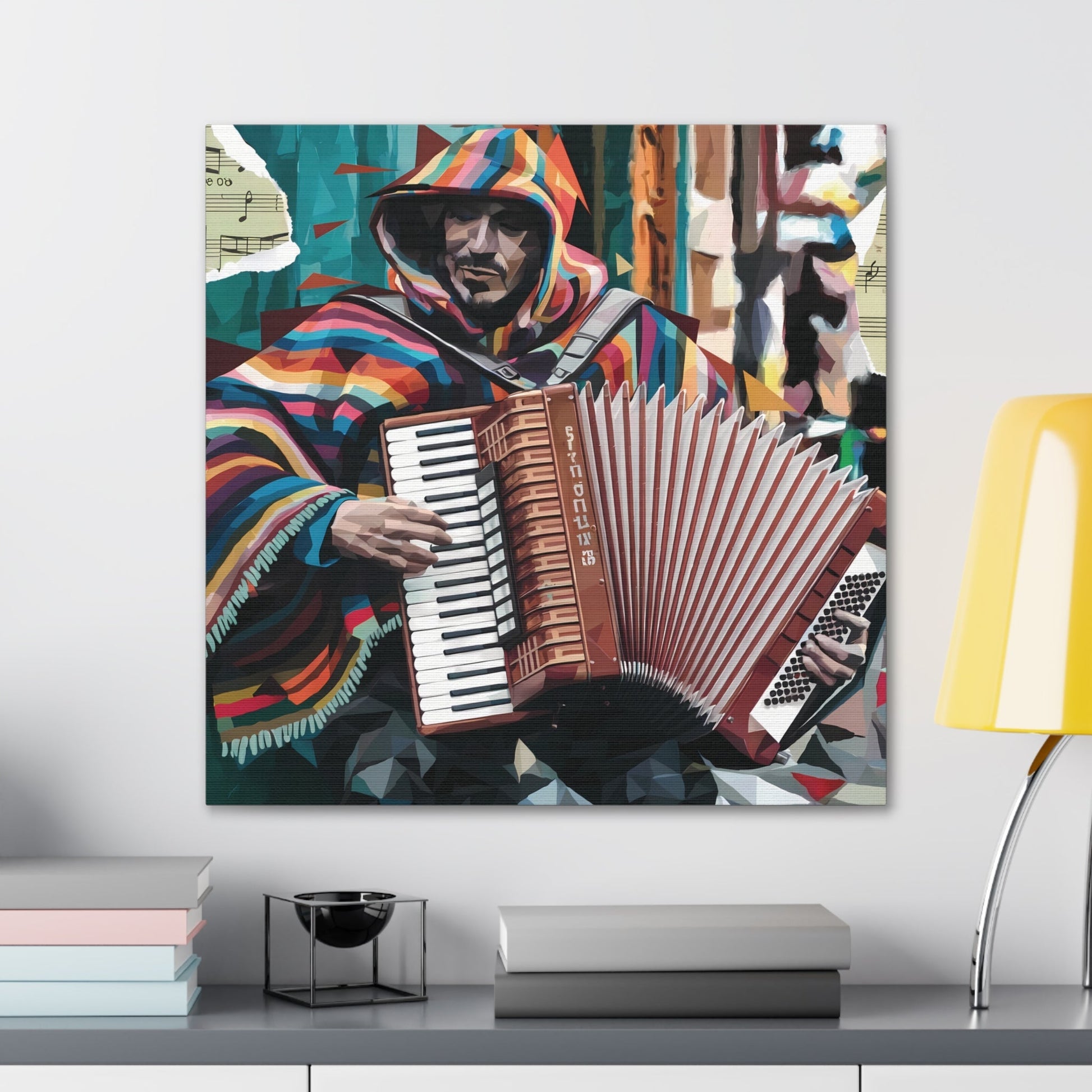 Vibrant accordion street performer art on canvas wrap featuring multicolored strokes and teal background.