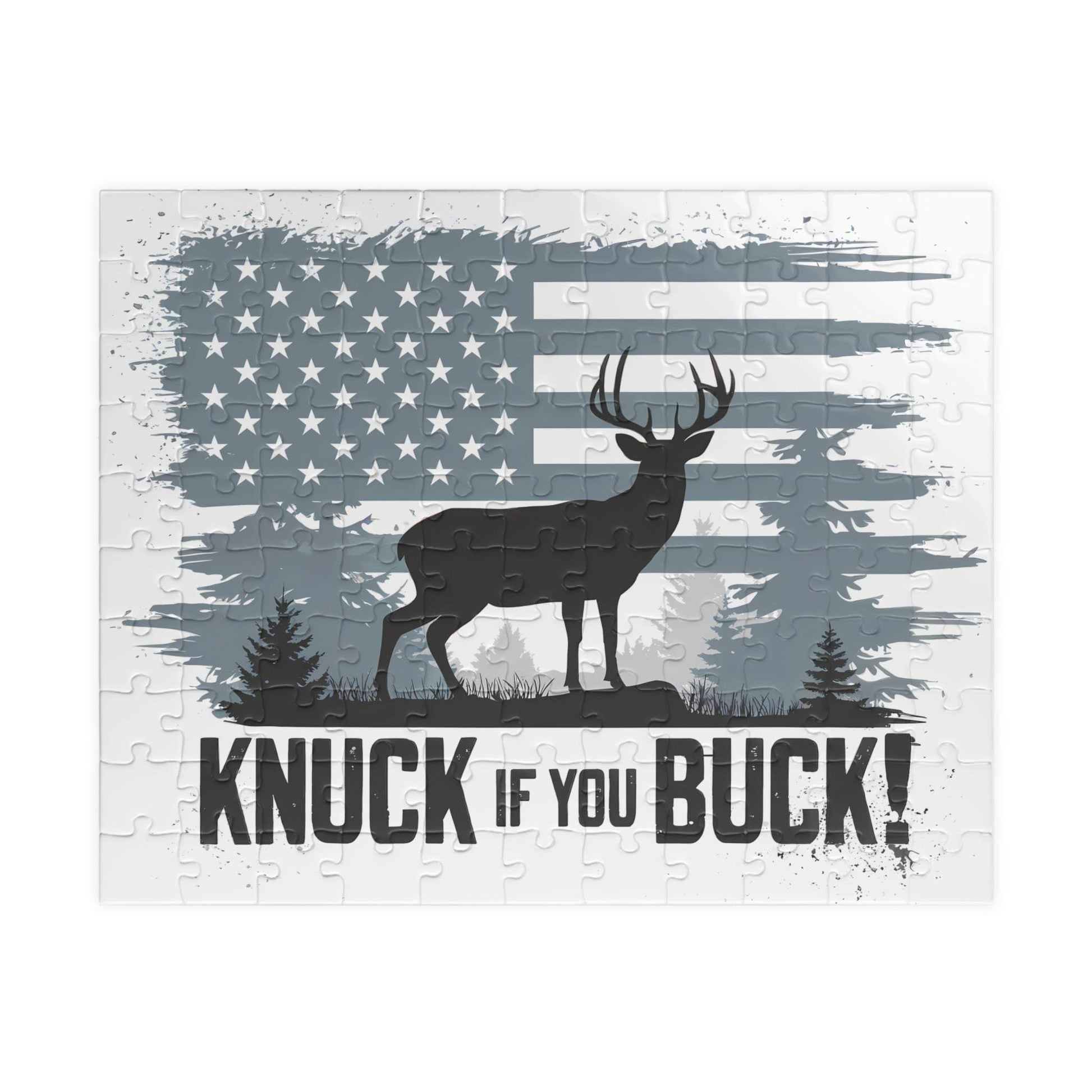 Hunting Themed Puzzle with "Knuck If You Buck" design, featuring an outdoor scene and varying piece counts for all skill levels.