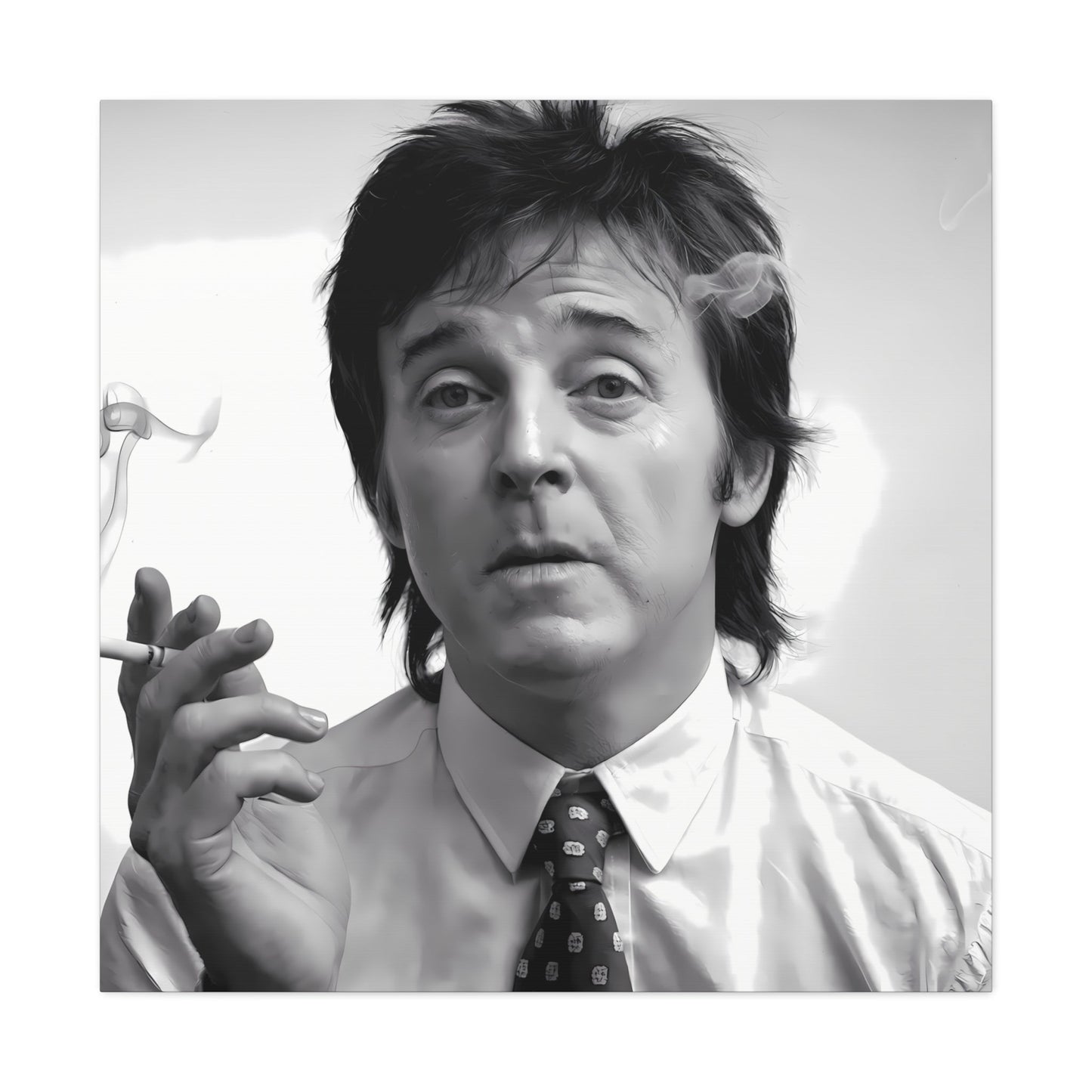 Black and white portrait of Paul McCartney in 1960s style with cigarette smoke.