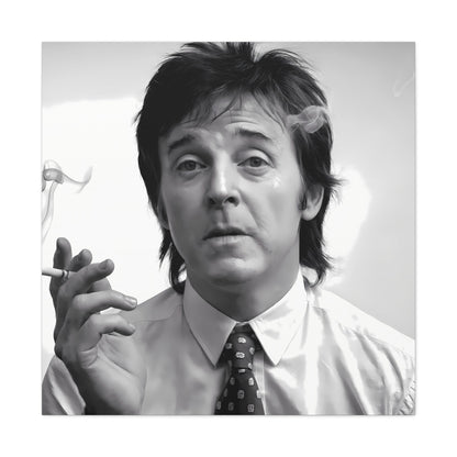 Black and white portrait of Paul McCartney in 1960s style with cigarette smoke.