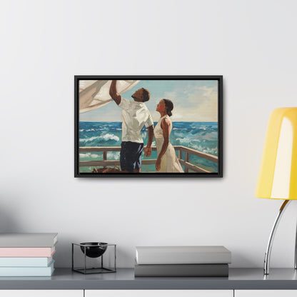 African American couple painting on a coastal deck, canvas wrap showcasing serene ocean waves and a warm, inviting atmosphere.