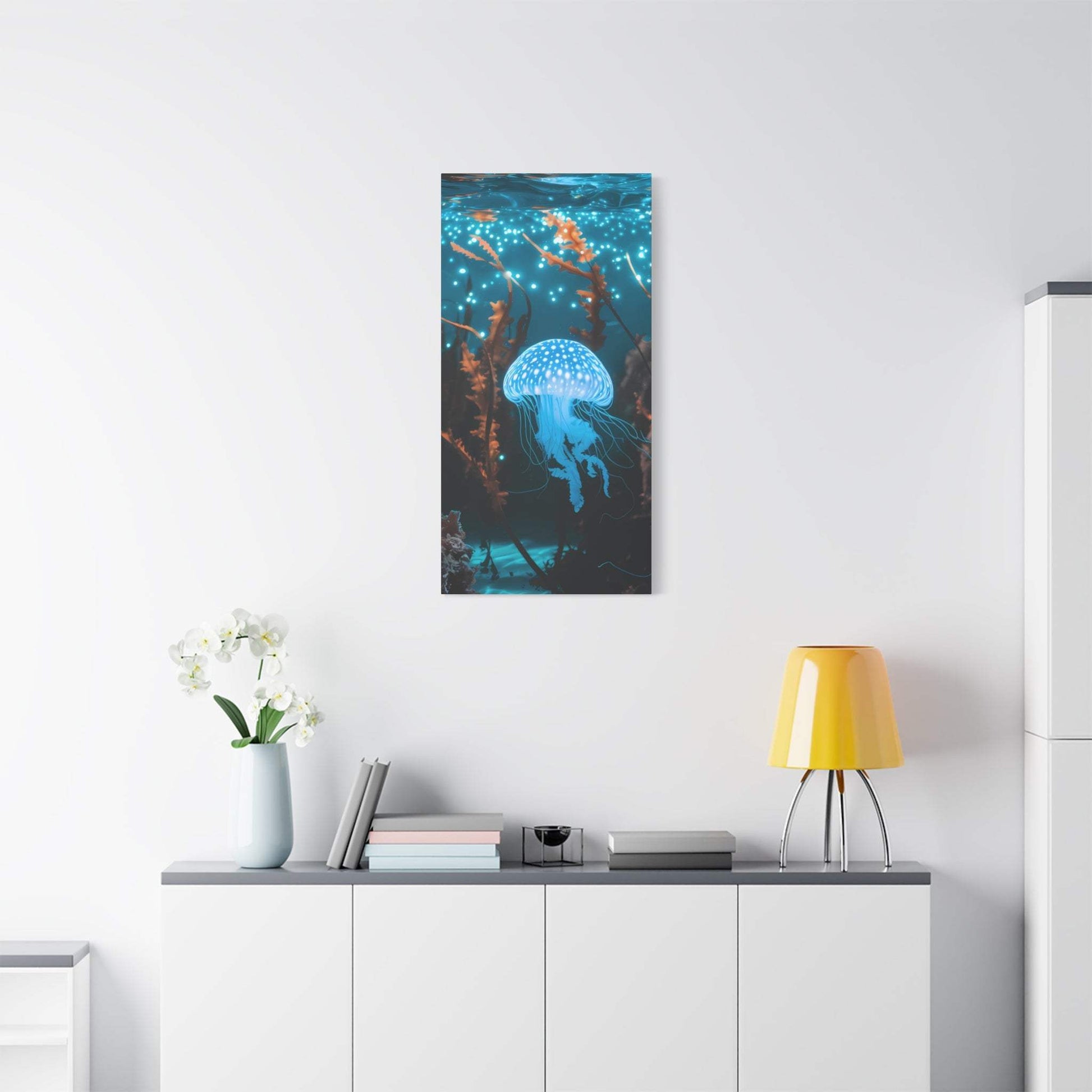 nullBioluminescent Underwater Scene | Luminescent Jellyfish | Matte CanvasCanvasTransform your space with this captivating high-resolution canvas print featuring a mesmerizing bioluminescent underwater scene. At the heart of this ethereal image 