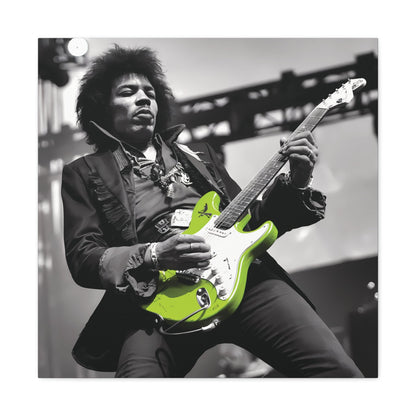 Jimi Hendrix monochrome portrait with neon green guitar, capturing dynamic rock performance.