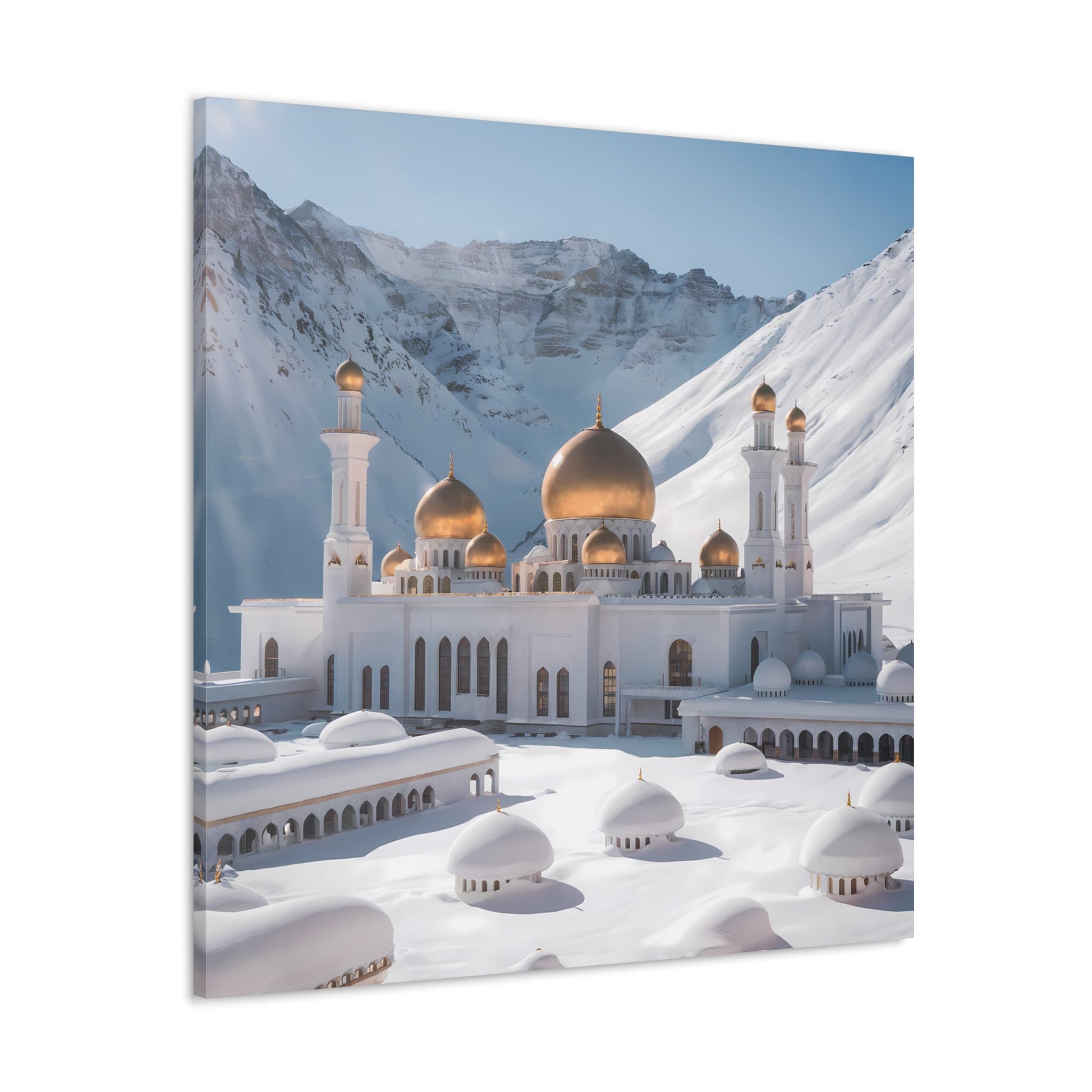 Winter Sanctuary: Majestic White Mosque with Golden Domes - Wall Art