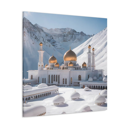 Winter Sanctuary: Majestic White Mosque with Golden Domes - Wall Art