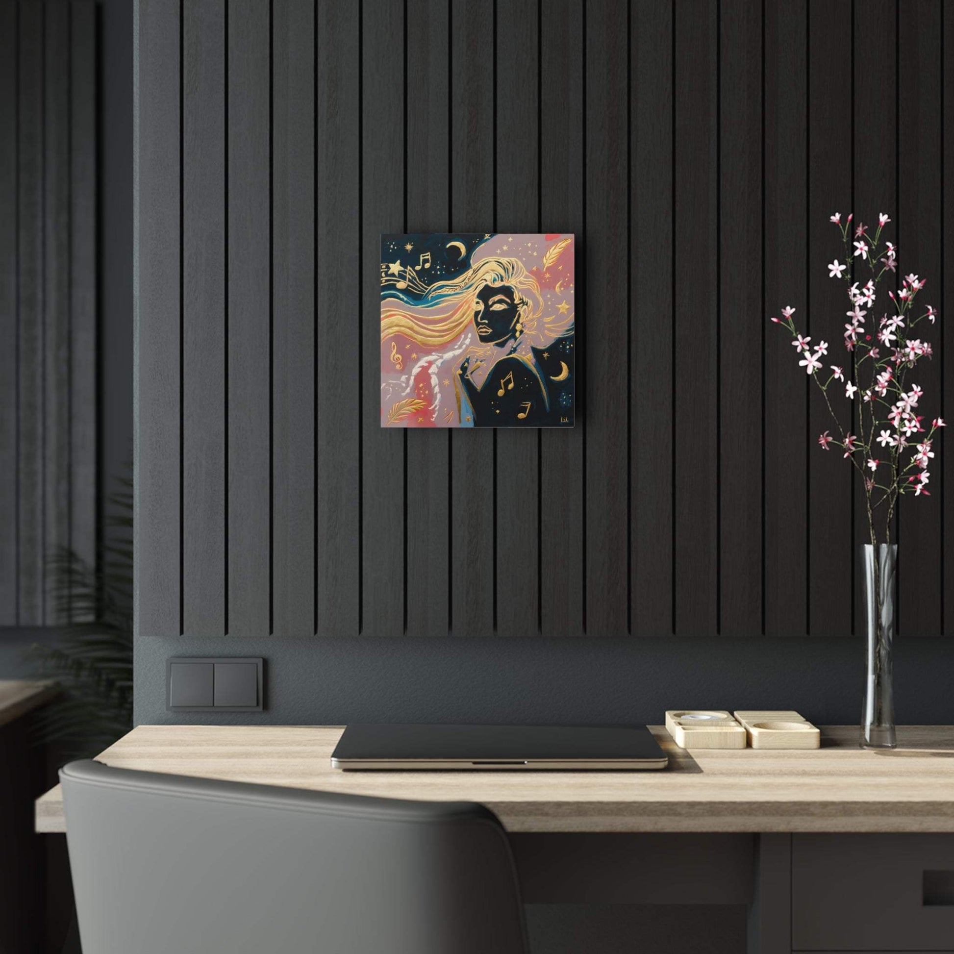 Abstract cosmic woman painting with gold hair and musical notes, modern wall decor in office setting.