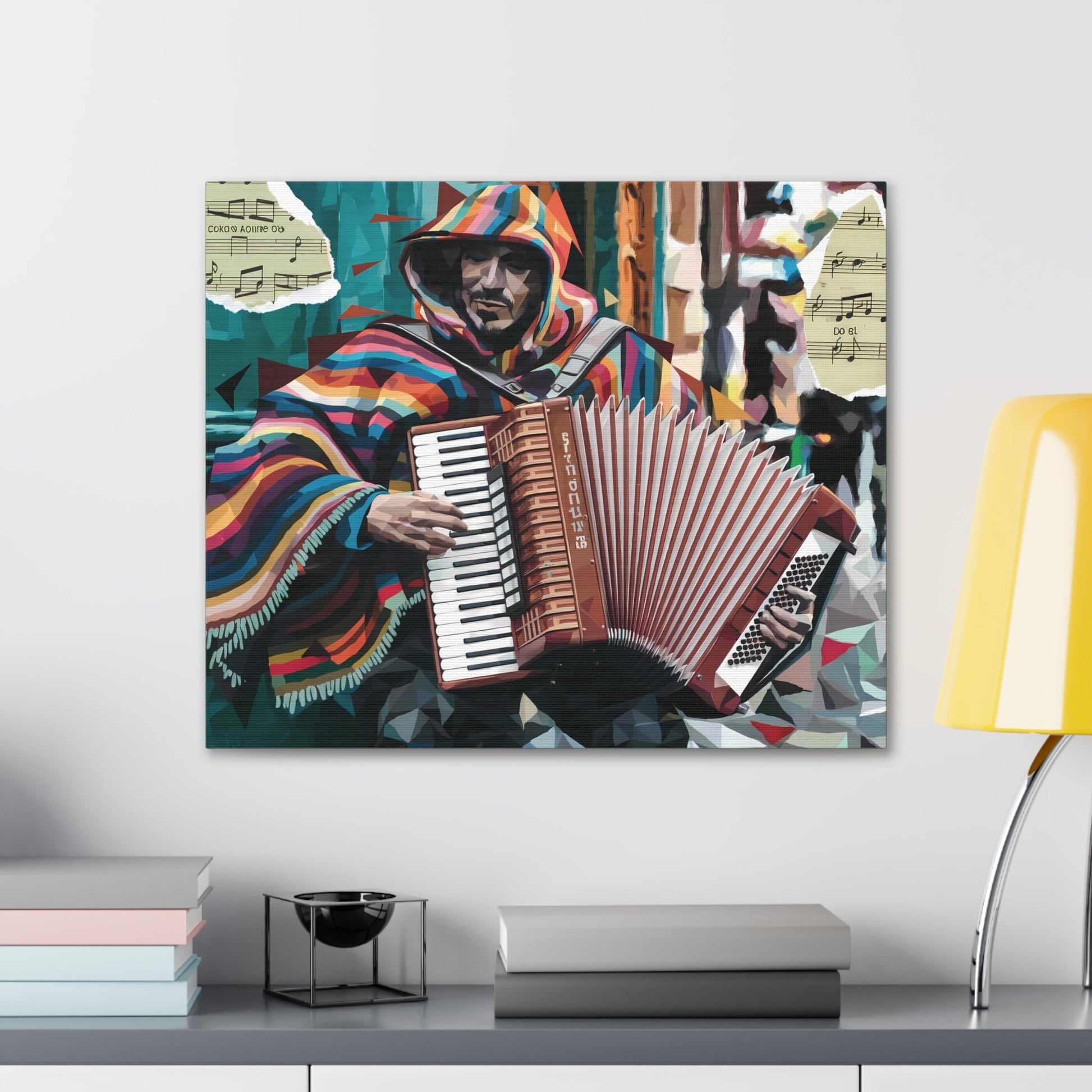 Vibrant accordion art of a musical street performer on canvas.