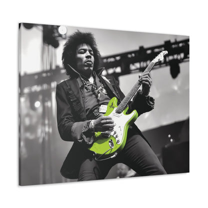 Monochrome Jimi Hendrix portrait with neon green guitar canvas wall art.