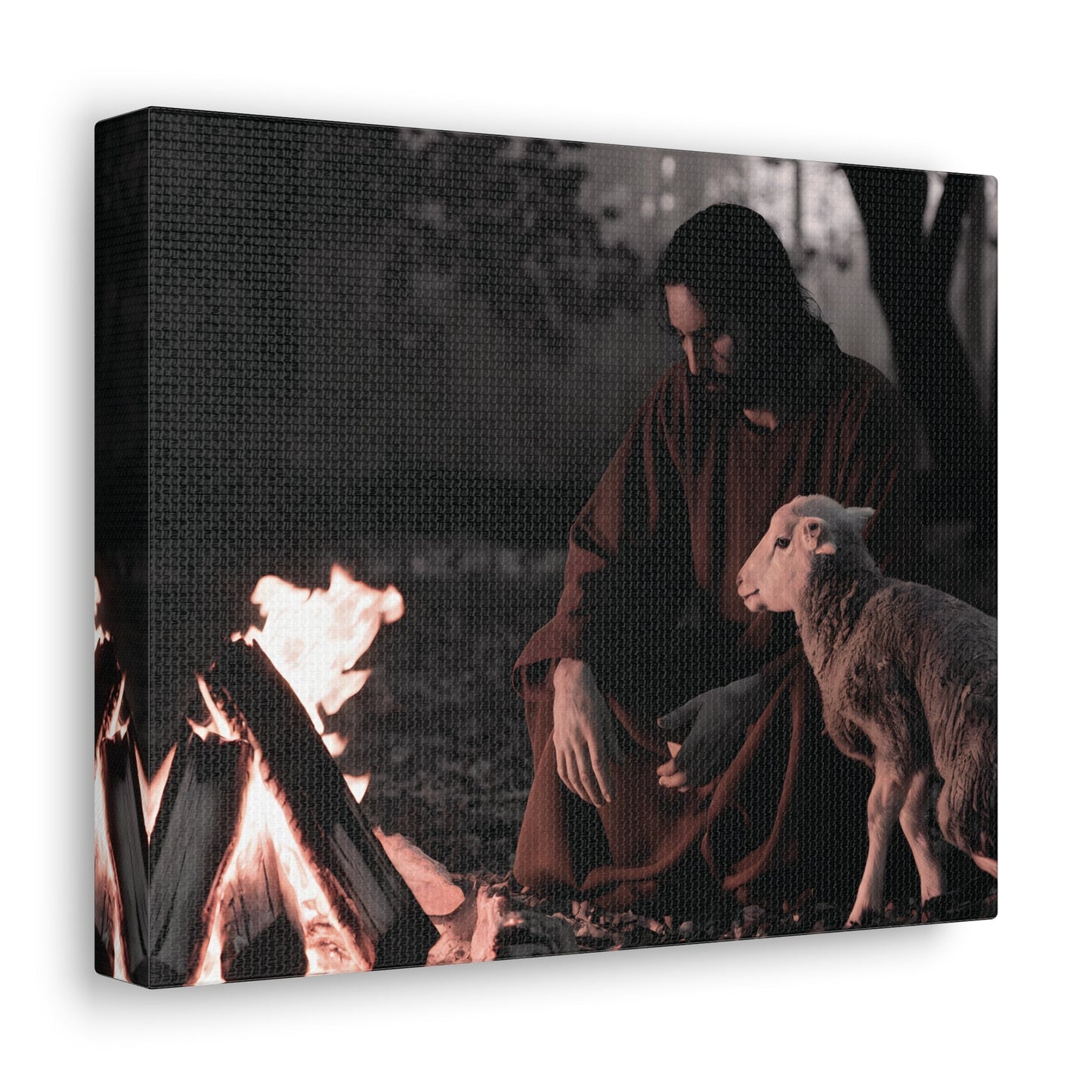 Limited edition Jesus painting with sacred flame and lamb, black and white with orange accent, Christian wall art.