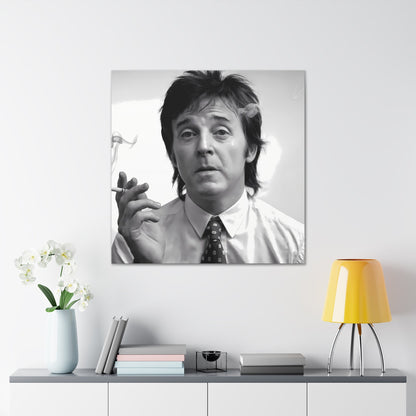 Black and white portrait of Paul McCartney with cigarette smoke, 1960s inspired decor, modern wall art on canvas gallery wrap.