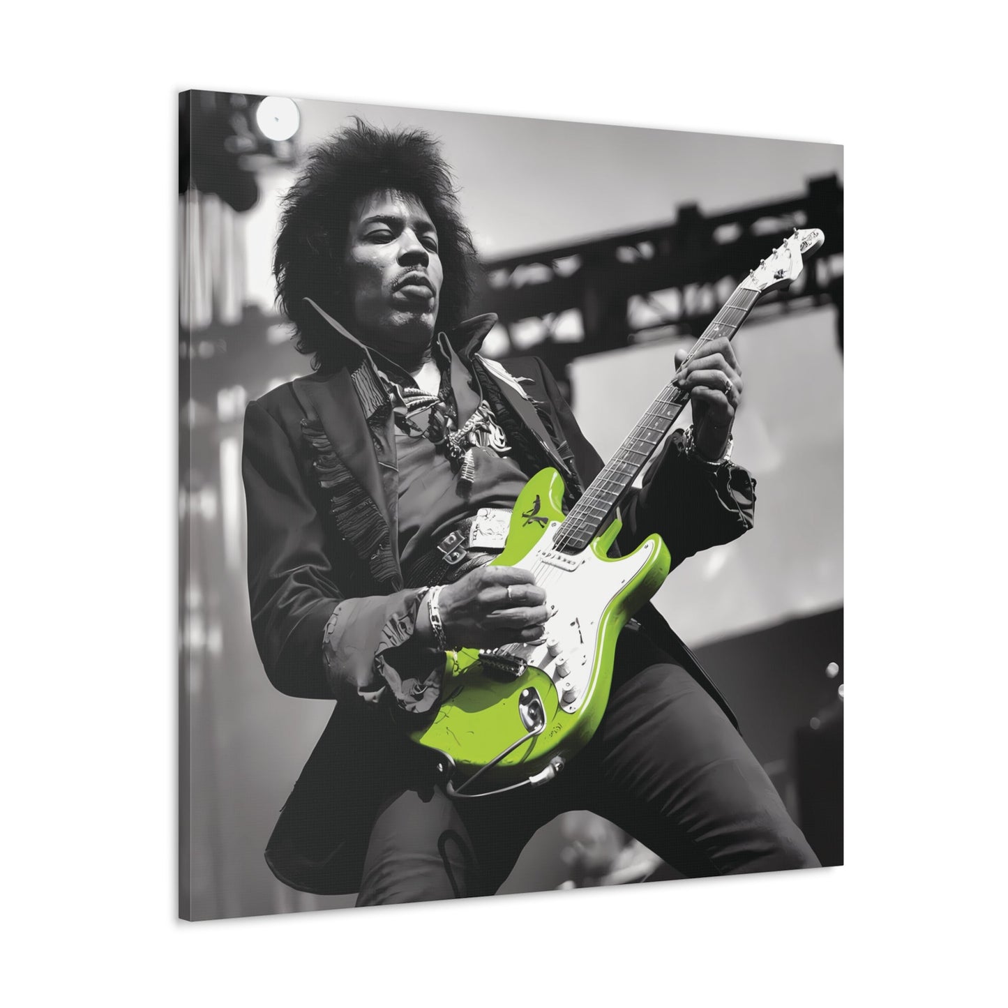 Monochrome Jimi Hendrix portrait with neon green guitar, rock legend wall art decor.