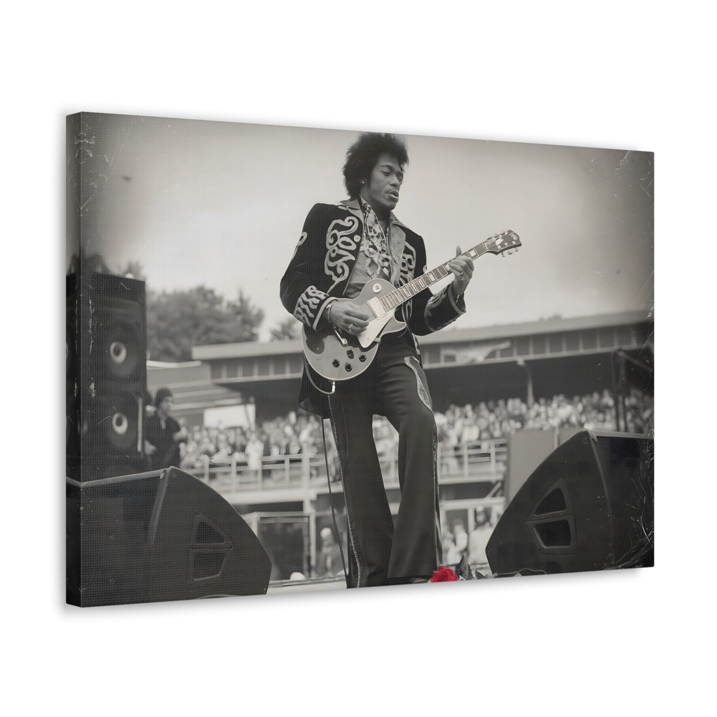 Vintage-Style Jimi HendrixVintage-Style Jimi Hendrix Performance Photo - Unique Black-and-White CanvasExperience the raw energy of Jimi Hendrix in this vintage-style black-and-white photo. This unique art print captures the iconic guitarist mid-performance, surrounde