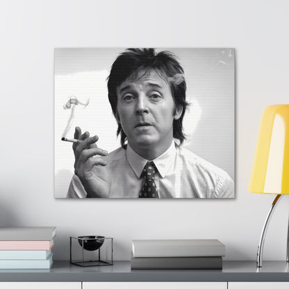 Black and white portrait of Paul McCartney with cigarette smoke, 1960s inspired decor.