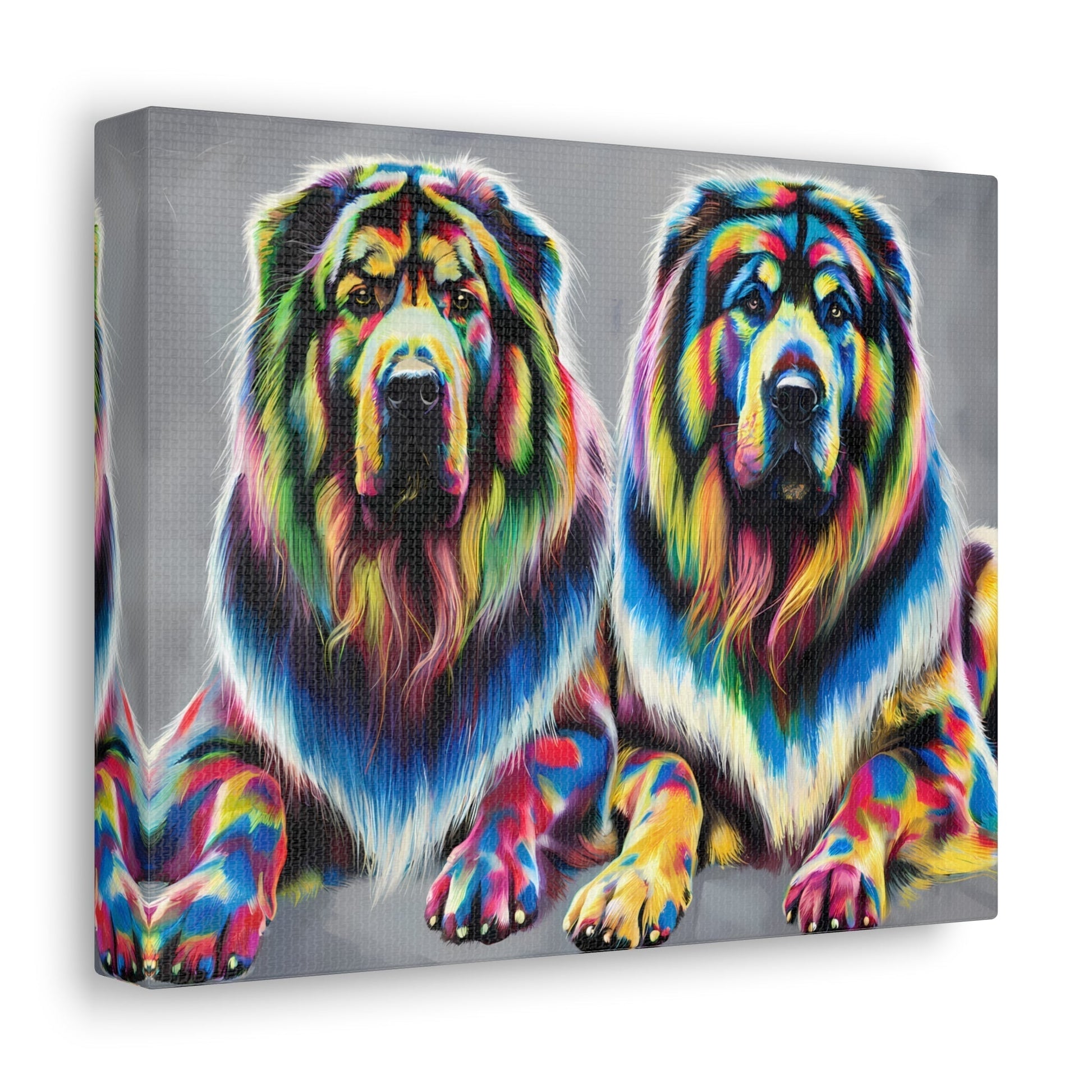 Vibrant rainbow Tibetan Mastiff canvas wall art with colorful dog portrait.