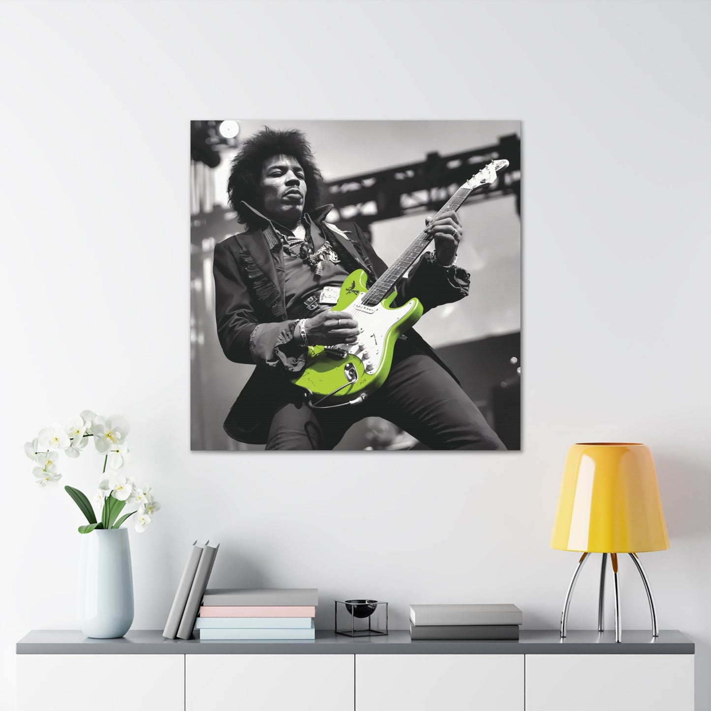 Monochrome Jimi Hendrix portrait with neon guitar wall art.