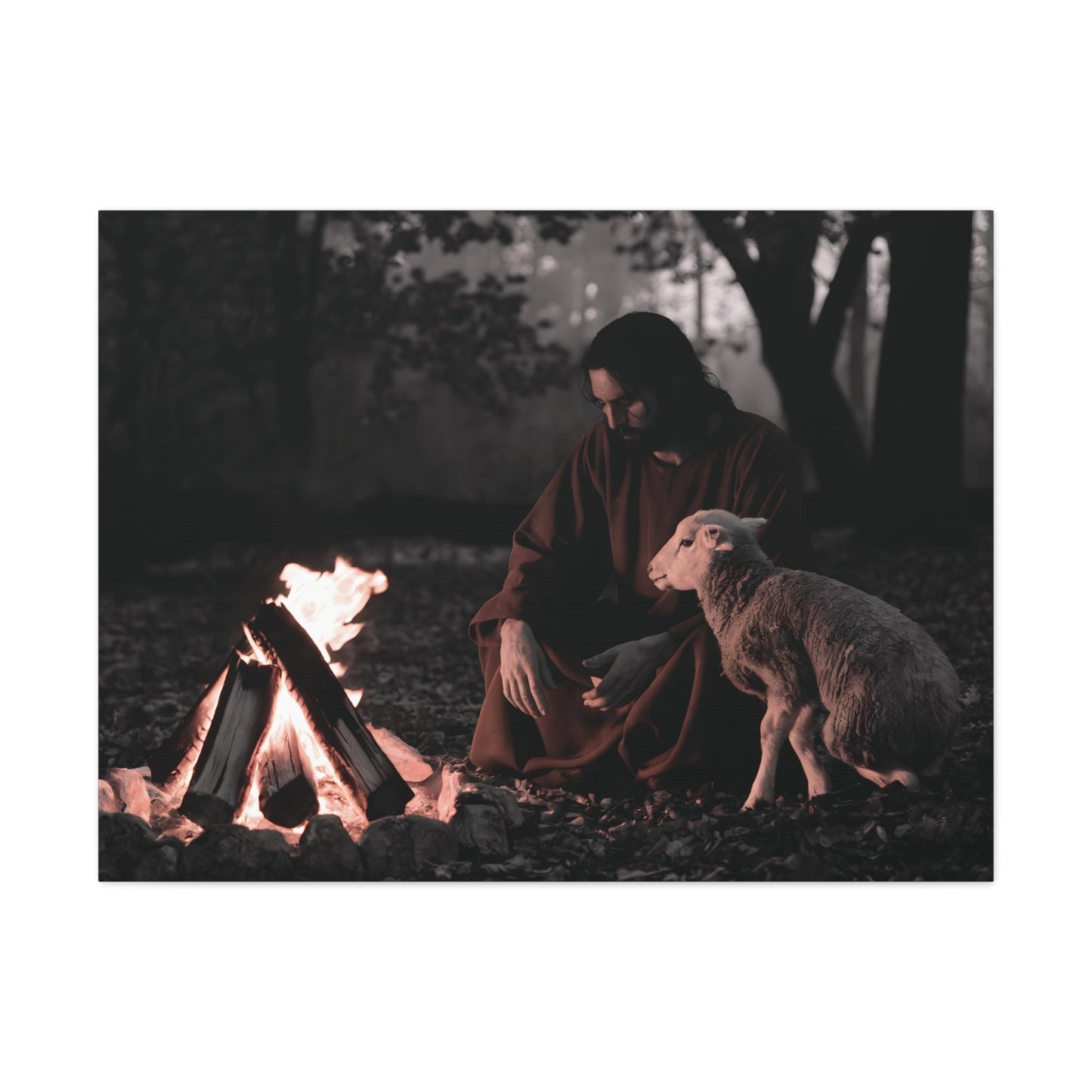 Jesus painting with lamb by campfire, limited edition Christian wall art.