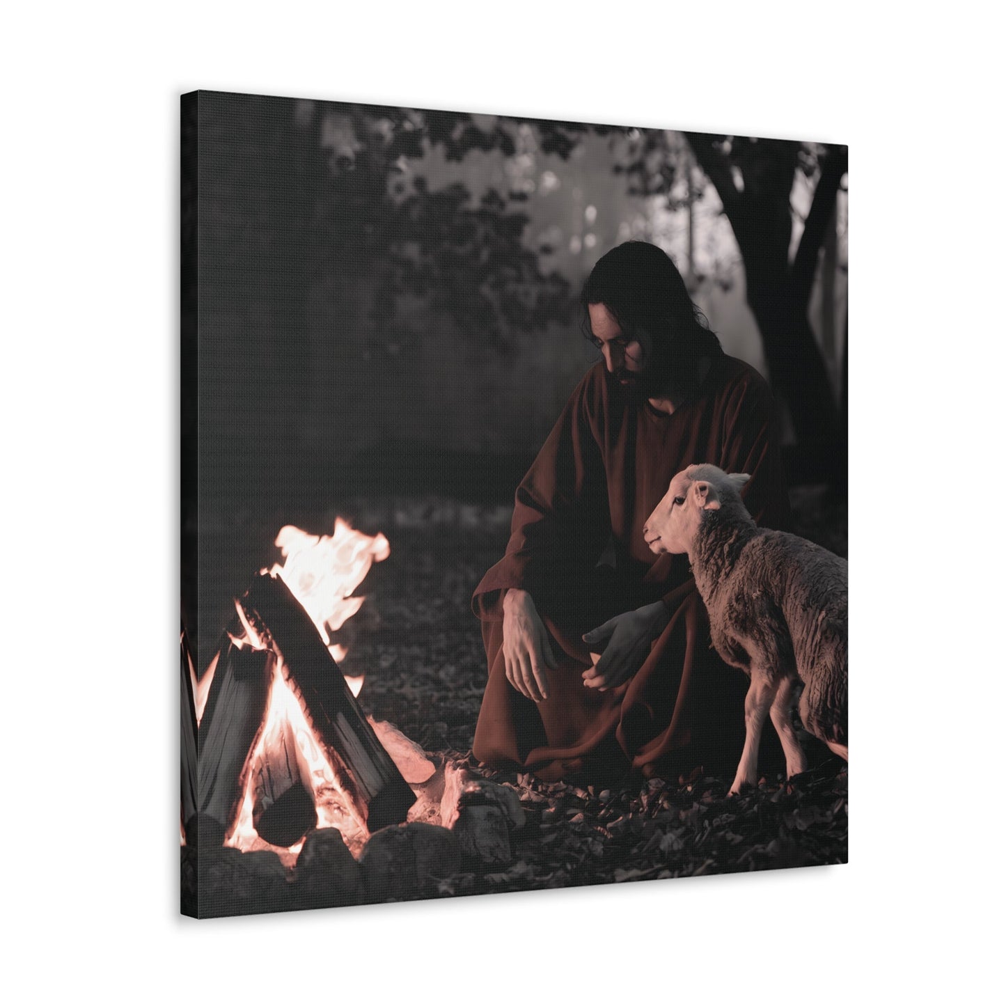 Jesus Painting with Lamb and Sacred Flame on Canvas Wall Art Decor