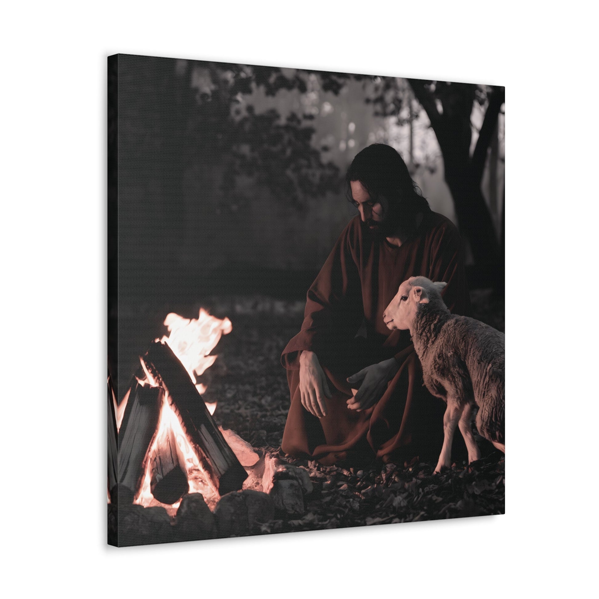 Jesus Painting with Lamb and Sacred Flame on Canvas Wall Art Decor