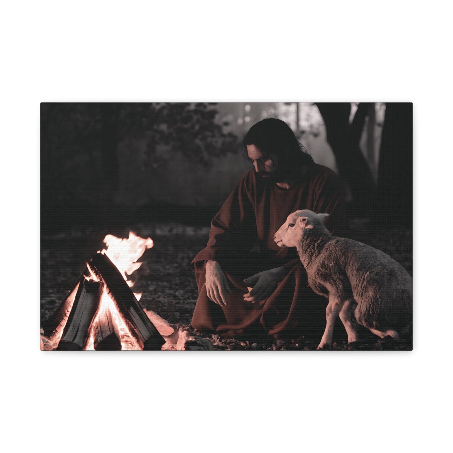 Jesus sitting by a campfire with a lamb in a forest setting, Christian wall art.