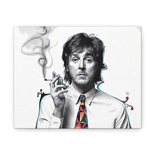 Surrealist portrait of Paul McCartney with cigarette; geometric tie; canvas art decor.