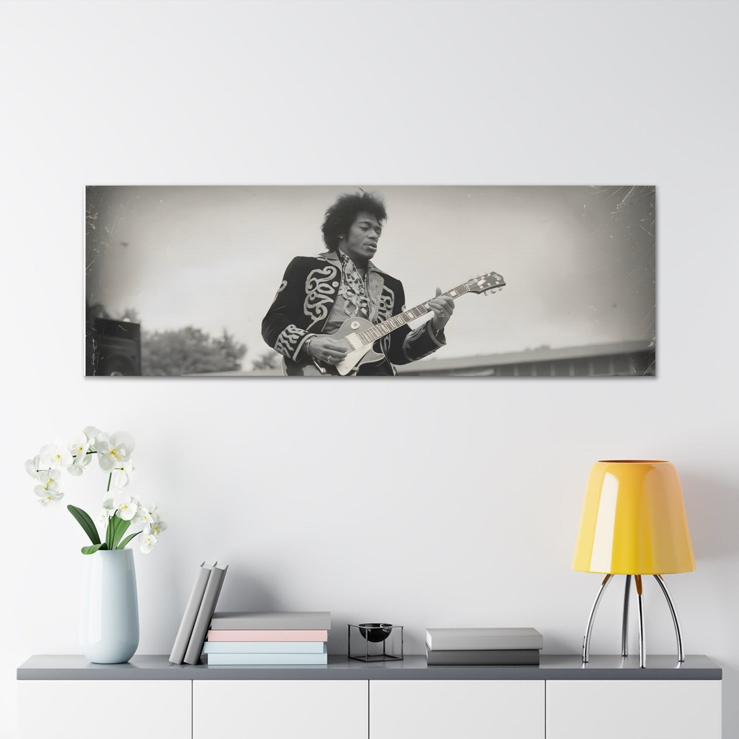 Vintage-Style Jimi HendrixVintage-Style Jimi Hendrix Performance Photo - Unique Black-and-White CanvasExperience the raw energy of Jimi Hendrix in this vintage-style black-and-white photo. This unique art print captures the iconic guitarist mid-performance, surrounde