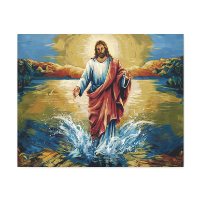 Jesus Christ Walking on Water Painting - Divine Radiance fine art wall print with vibrant colors.