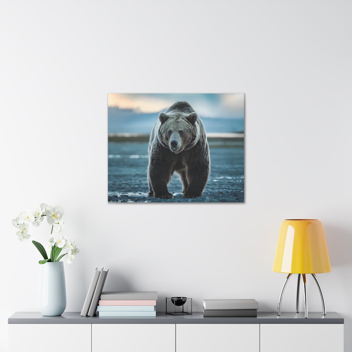 Majestic brown bear canvas artwork, wilderness decor, large wall art, photorealistic design.