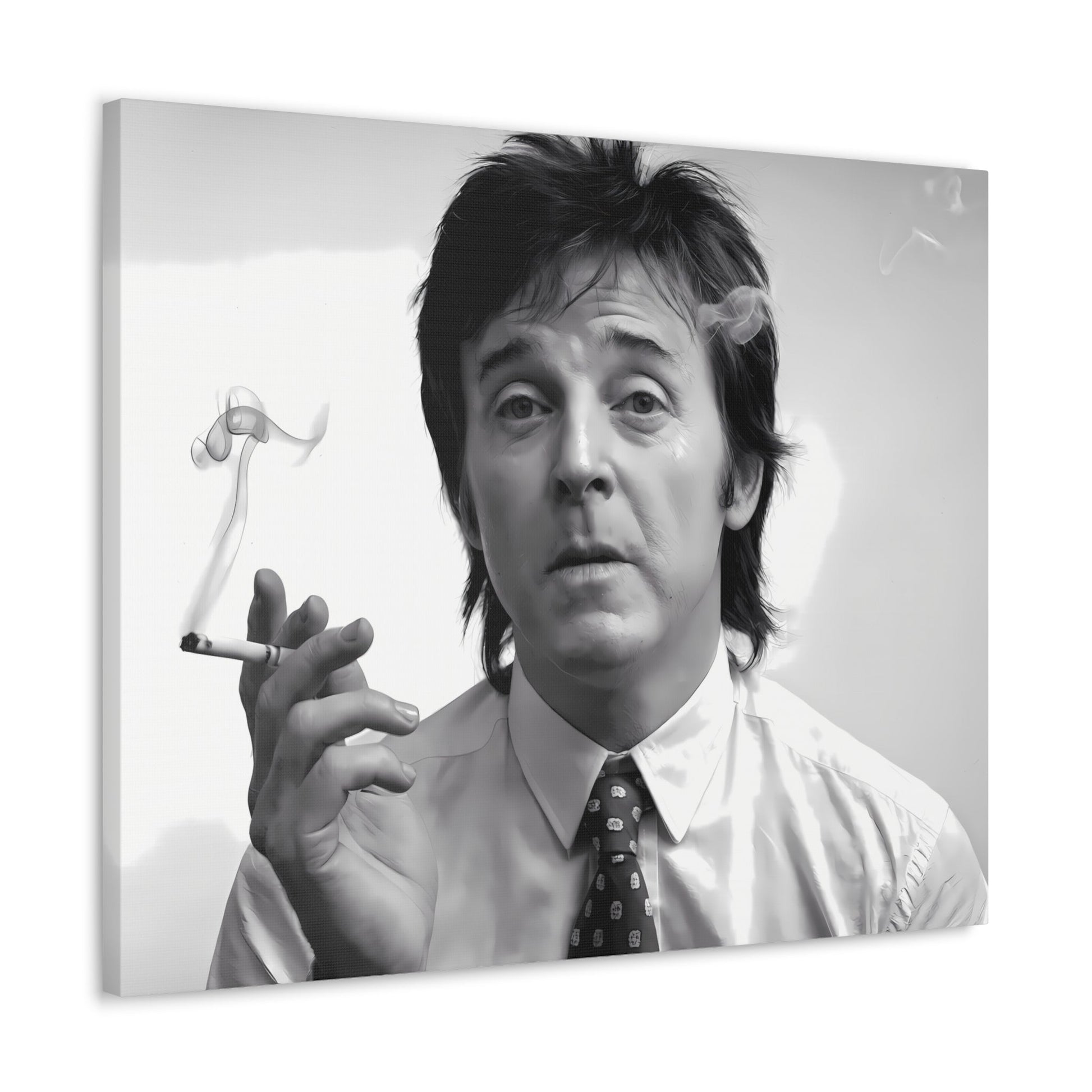 Black and white portrait of Paul McCartney with cigarette smoke, 1960s inspired decor, modern wall art.