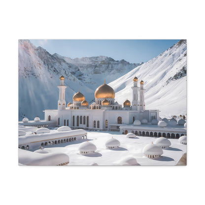 Winter Sanctuary: Majestic White Mosque with Golden Domes - Wall Art