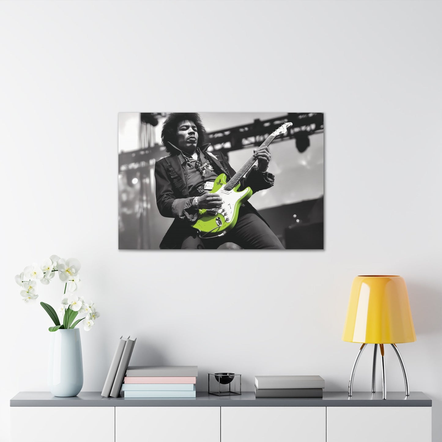 Jimi Hendrix guitar poster with neon guitar, rock legend wall art decor in monochrome, canvas gallery wrap.