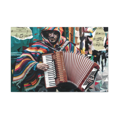 Vibrant accordion street performer art with colorful poncho and collage details.