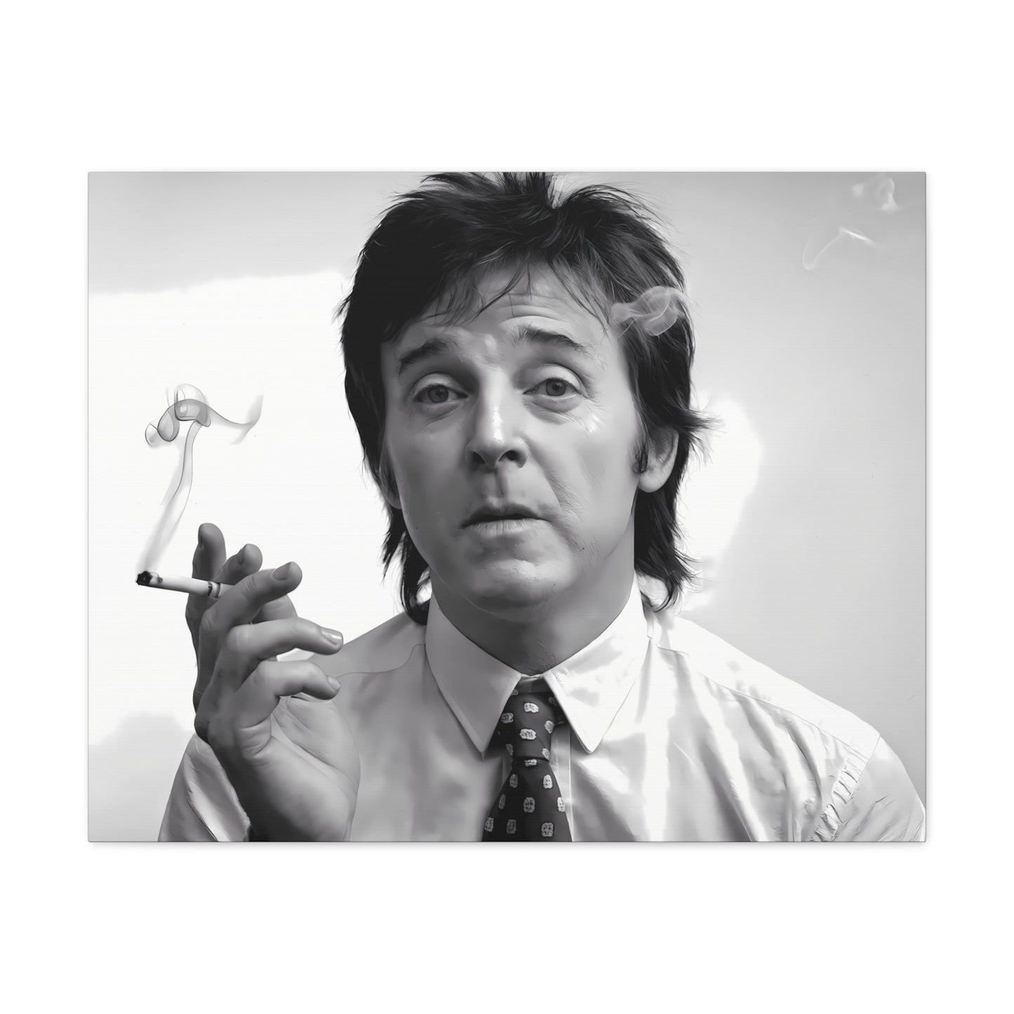 Paul McCartney black and white portrait with cigarette smoke, 1960s inspired decor on canvas.