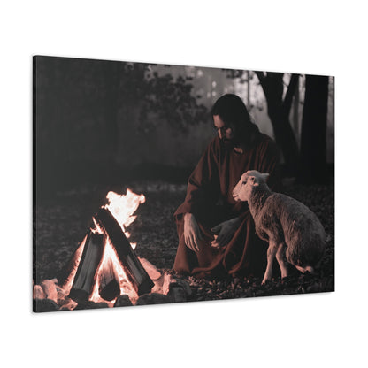 Limited edition Jesus painting featuring Jesus, the Lamb, and sacred flame in a striking monochrome with vibrant accent.