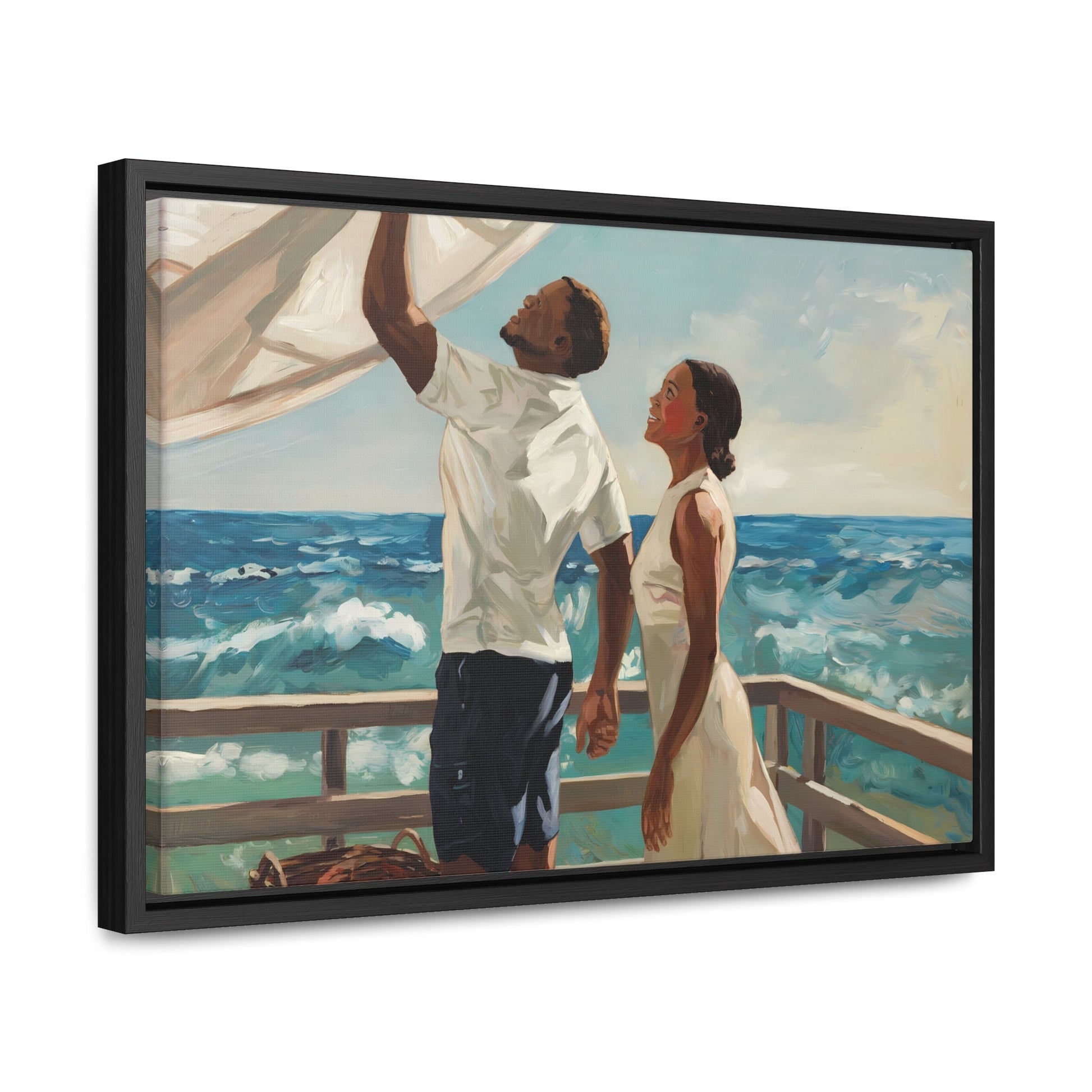 African American couple painting on coastal deck canvas wrap, vibrant ocean scene, warm tones.