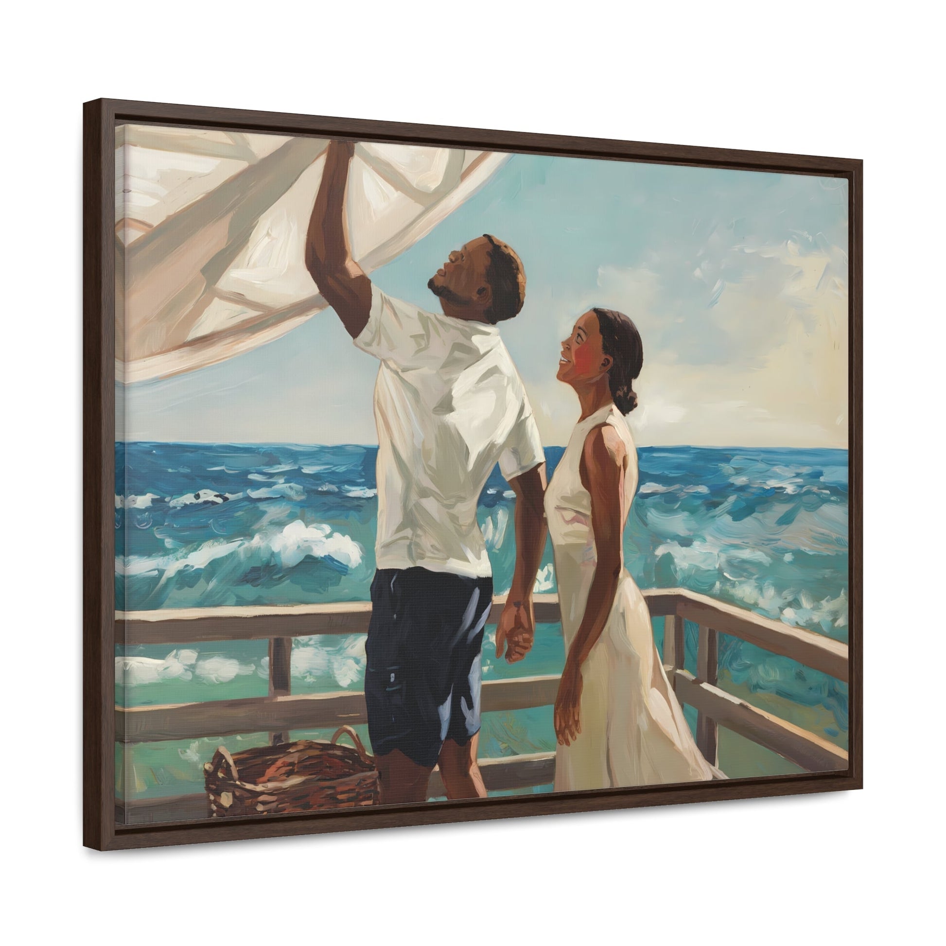 African American couple painting on a coastal deck with ocean waves, serene sky, and picnic basket; perfect for adding coastal charm to interiors.