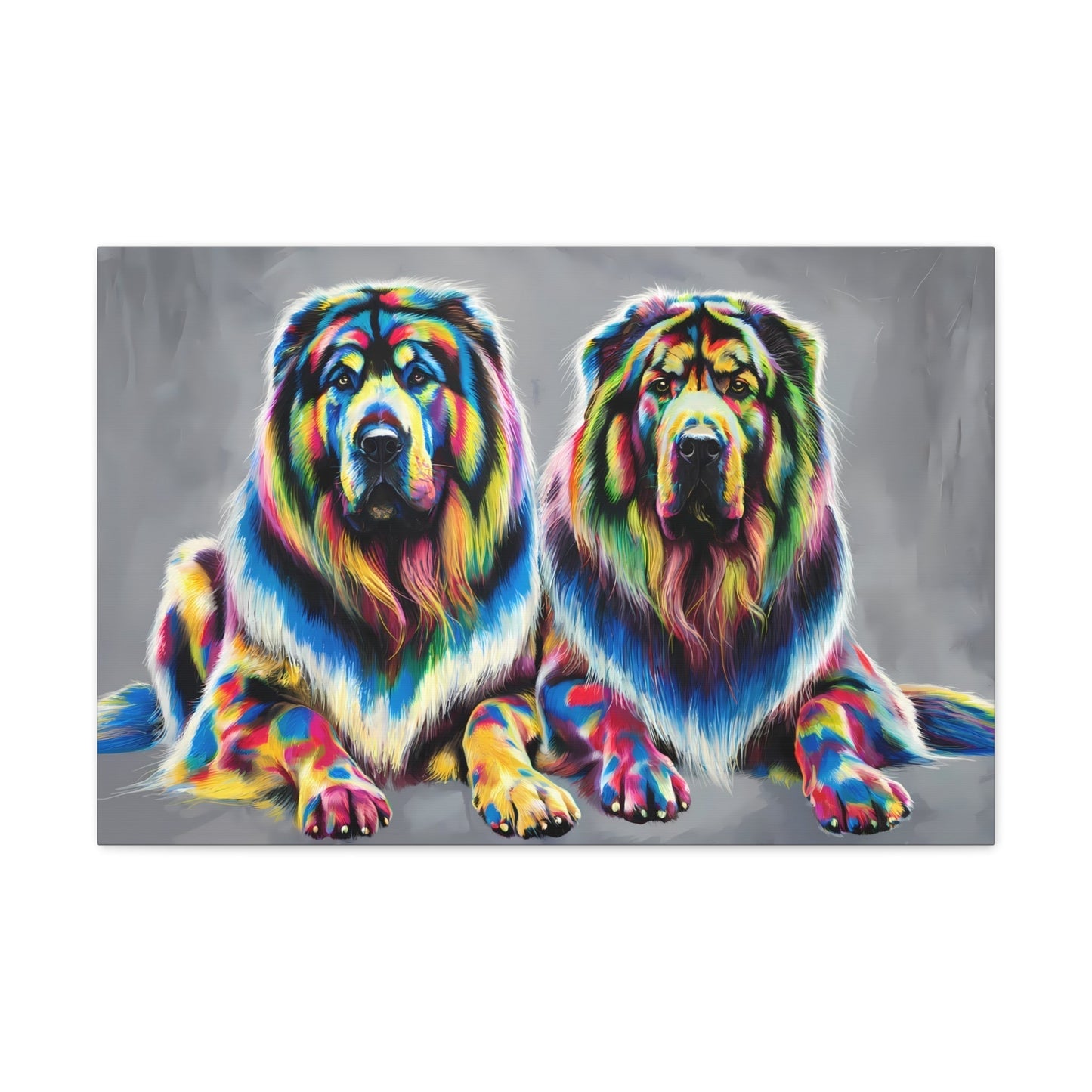 Rainbow Tibetan Mastiff canvas art with vibrant colors and contemporary design.