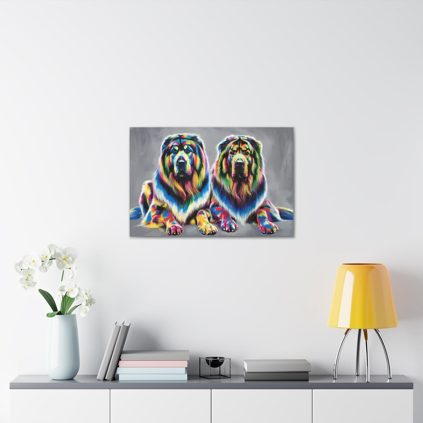 Colorful rainbow Tibetan Mastiffs canvas art on wall.