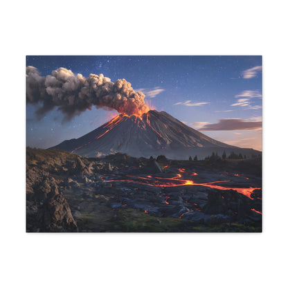 Dramatic volcano landscape canvas with lava flows under starry night sky.